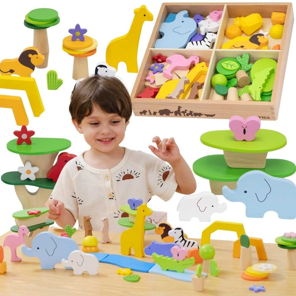 Viga Toys Medinių kaladėlių rinkinys VIGA Tropinių istorijų pasaulis 55 vnt