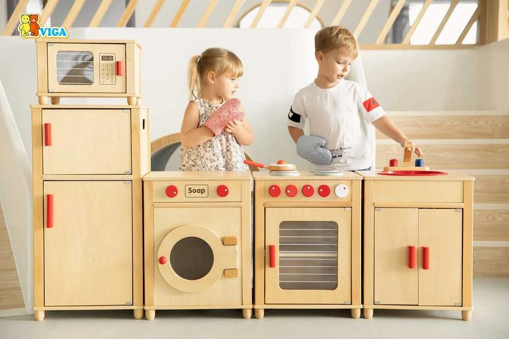 Viga Toys VIGA medinis didžiulis natūralus virtuvės komplektas, sertifikuotas FSC