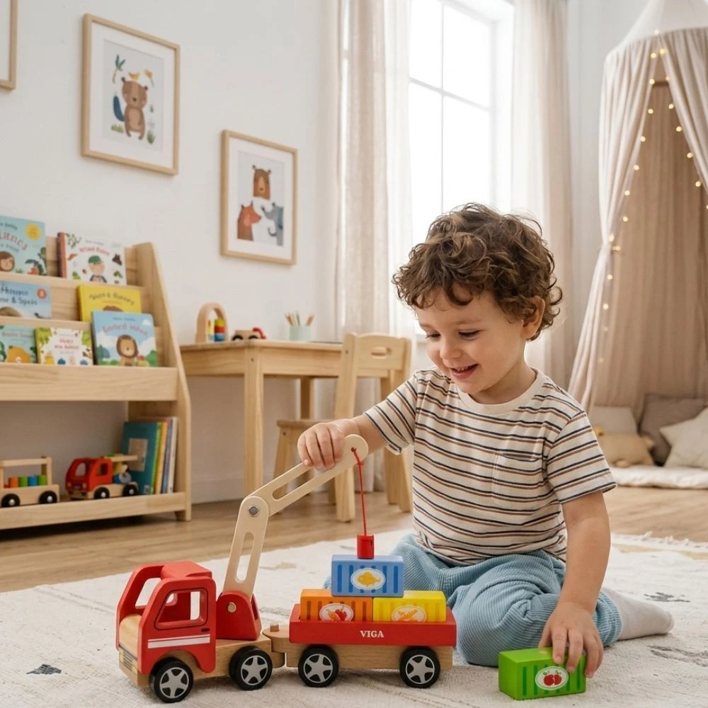 Viga Toys Medinis Kranas su Konteineriais