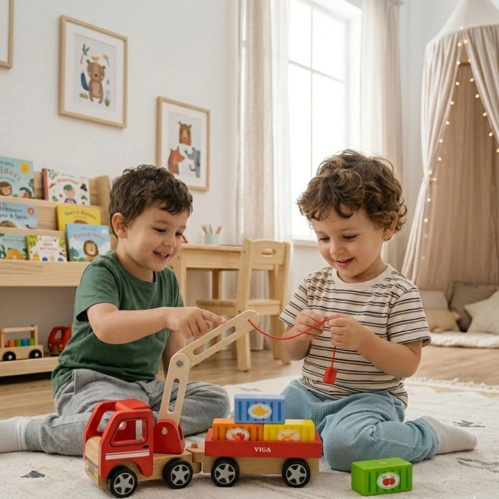 Viga Toys Medinis Kranas su Konteineriais