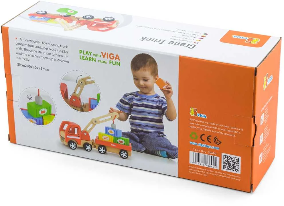 Viga Toys Medinis Kranas su Konteineriais