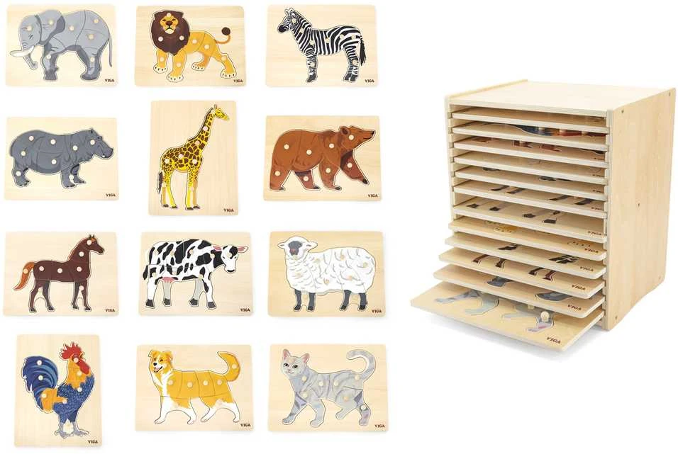 Dėlionė Viga Toys Viga medinis galvosūkių komplektas 12 galvosūkių gyvūnai Montessori + Stendas