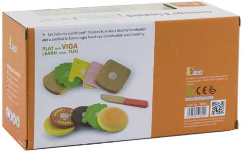 Viga Žaislas - Virtuvės įranga - Pjaustymo rinkinys su hamburgeriu ir sumuštiniu