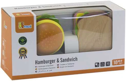 Viga Žaislas - Virtuvės įranga - Pjaustymo rinkinys su hamburgeriu ir sumuštiniu
