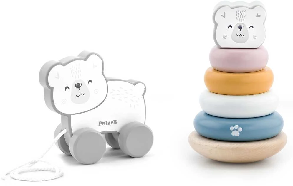 Viga Toys Viga Medinis Žaislas PolarB Komplektas: Poliarinis Lokys Stacking Piramidė + Traukiamas Poliarinis Lokys