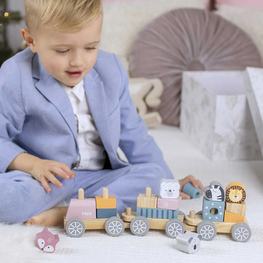 Viga medinis traukinys su vagonais ir gyvūnais PolarB Montessori