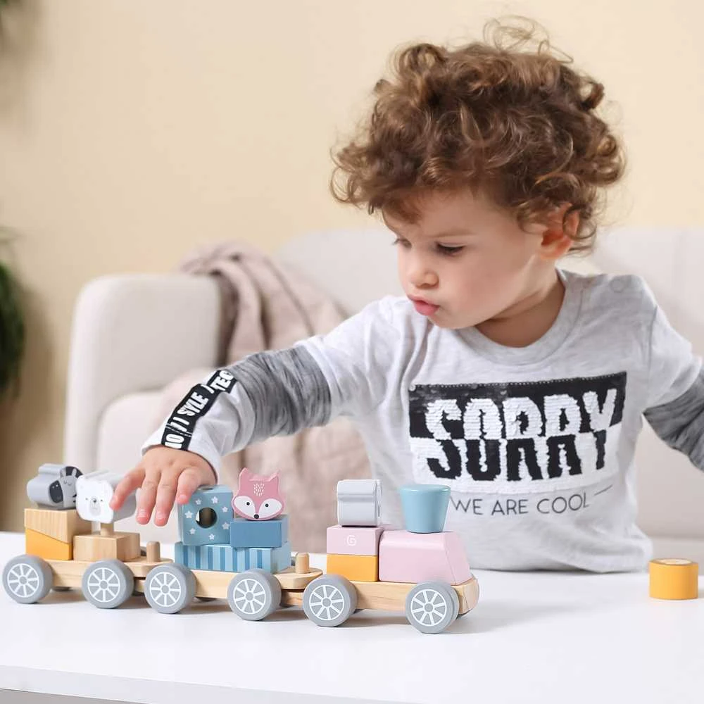 Viga medinis traukinys su vagonais ir gyvūnais PolarB Montessori