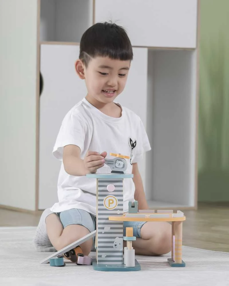Viga Toys Medinė Garažas su Helikopteriu ir Automobiliais