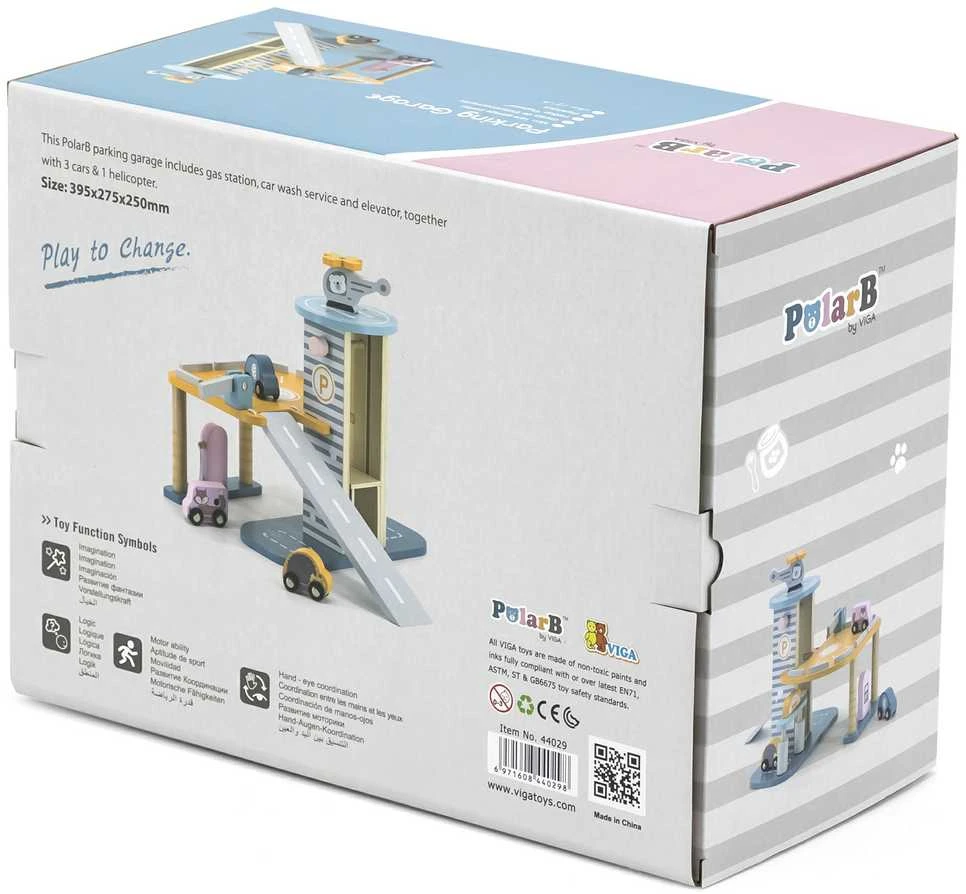 Viga Toys Medinė Garažas su Helikopteriu ir Automobiliais
