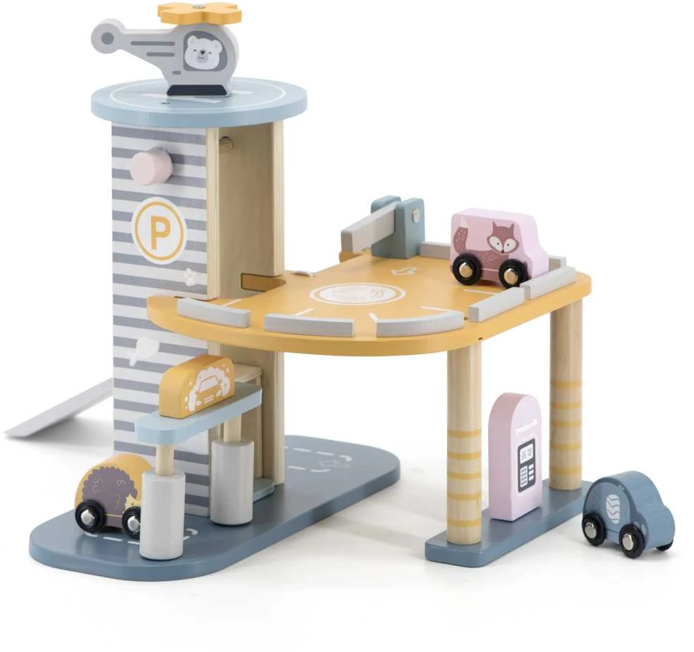 Viga Toys Medinė Garažas su Helikopteriu ir Automobiliais