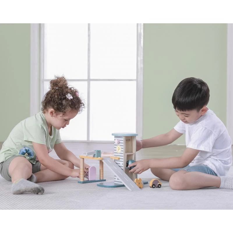 Viga Toys Medinė Garažas su Helikopteriu ir Automobiliais