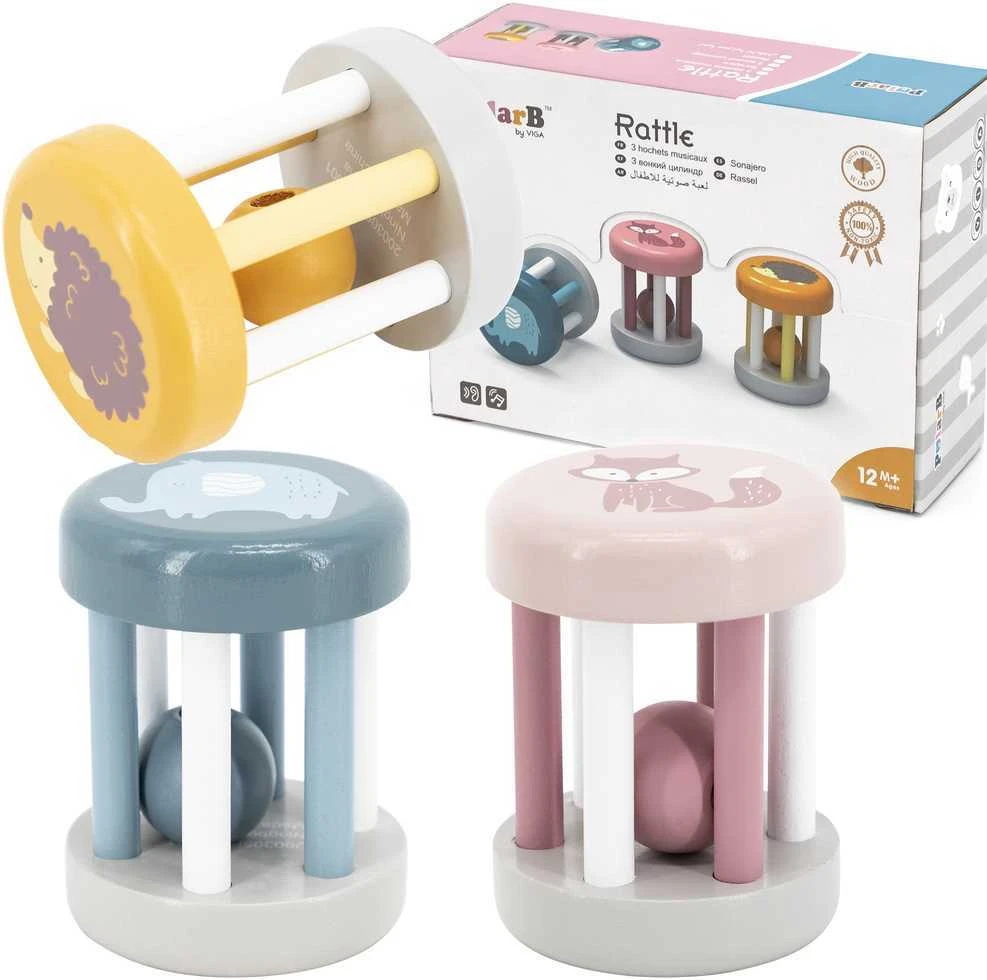 Viga Toys Viga Kūdikio medinis barškutis su gyvūnu drambliuku 1 vnt., melsvai žalsvas