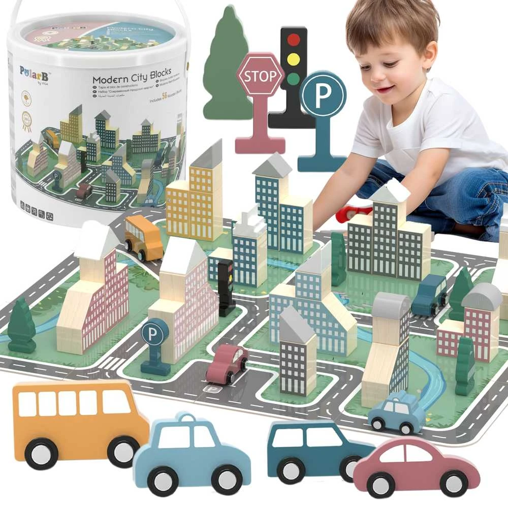 Viga Toys „Viga Polarb“ medinis tyčiojimasis su „Blocks City 56 EL“.