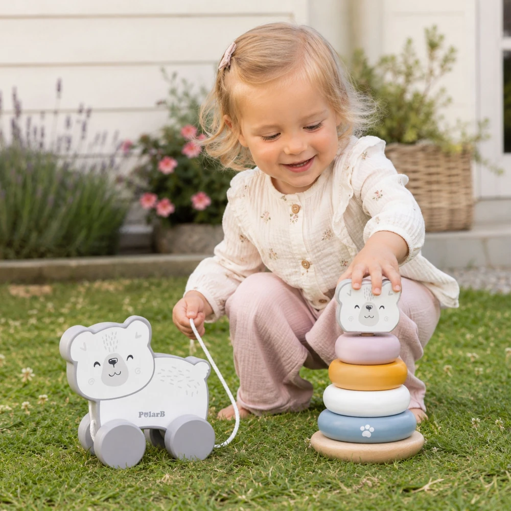Viga Toys Viga Medinis Žaislas PolarB Komplektas: Poliarinis Lokys Stacking Piramidė + Traukiamas Poliarinis Lokys
