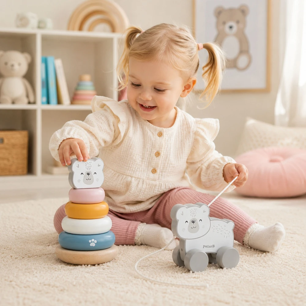 Viga Toys Viga Medinis Žaislas PolarB Komplektas: Poliarinis Lokys Stacking Piramidė + Traukiamas Poliarinis Lokys