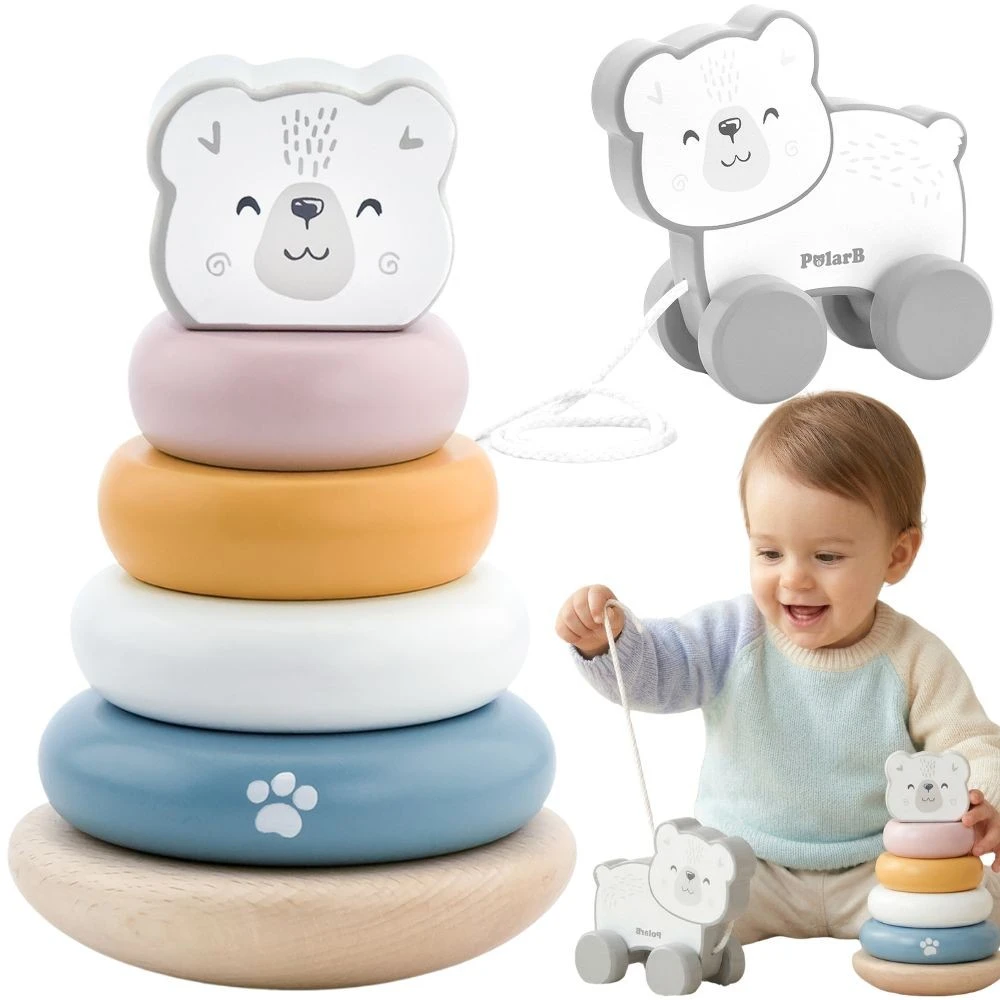 Viga Toys Viga Medinis Žaislas PolarB Komplektas: Poliarinis Lokys Stacking Piramidė + Traukiamas Poliarinis Lokys