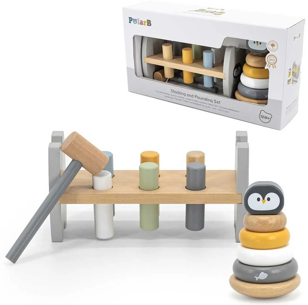 Viga Toys rinkinys Medinė piramidė + pingvinas Montessori plaktuku