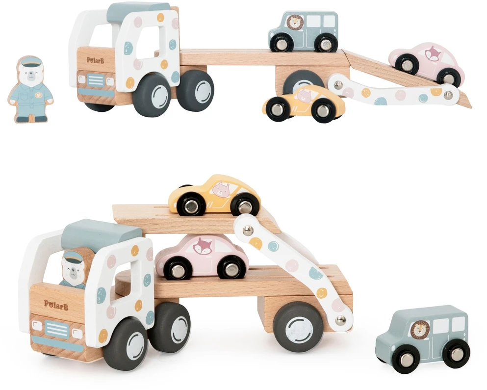 Viga Toys VIGA PolarB Wooden Car Transporter 3 Cars Driver 18m+