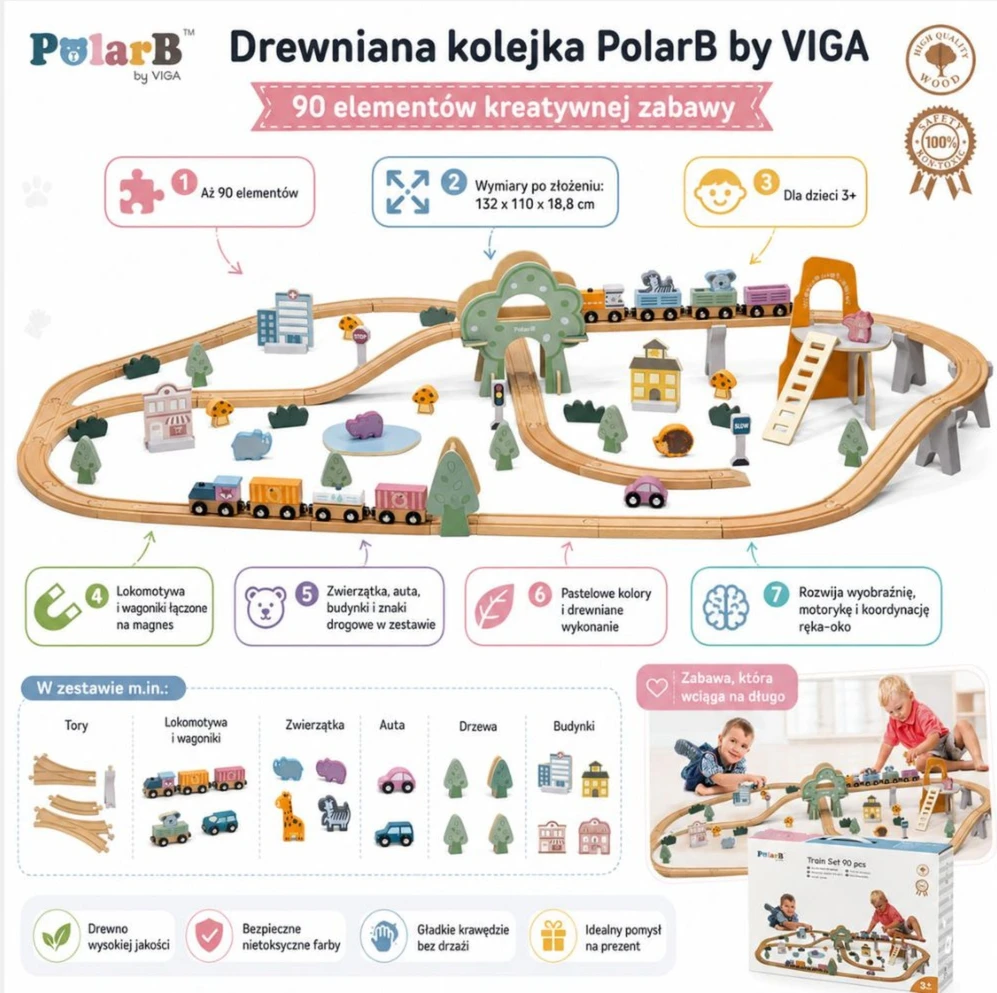 VIGA Vaikiškas Medinis Traukinys PolarB 90 Dalių