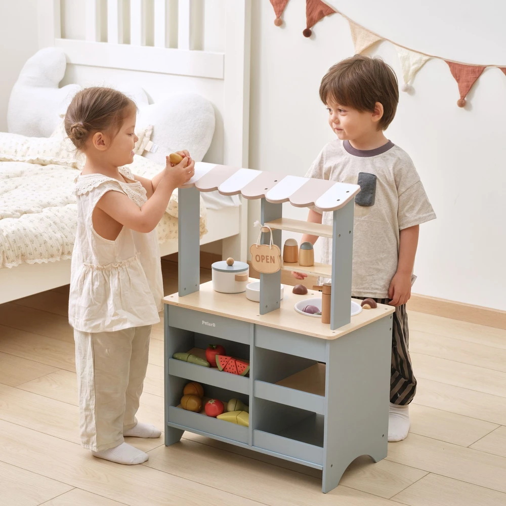 Viga Toys VIGA PolarB Wooden Kitchen 2-in-1 Shop Stand with Accessories for Children 3+