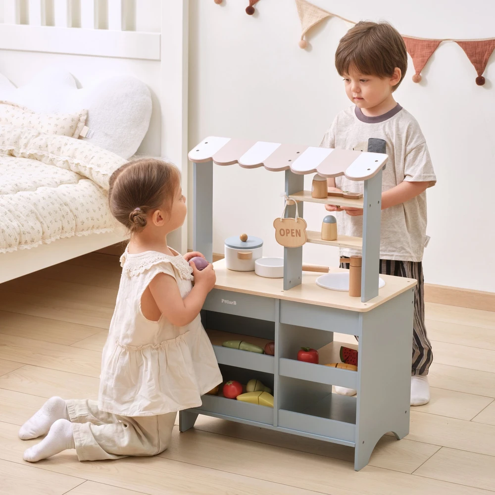 Viga Toys VIGA PolarB Wooden Kitchen 2-in-1 Shop Stand with Accessories for Children 3+