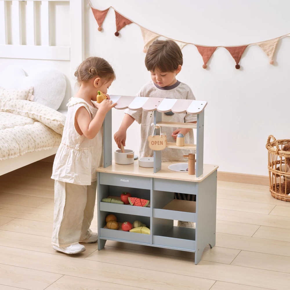 Viga Toys VIGA PolarB Wooden Kitchen 2-in-1 Shop Stand with Accessories for Children 3+