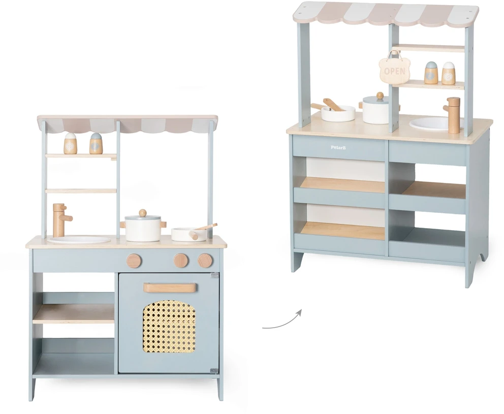 Viga Toys VIGA PolarB Wooden Kitchen 2-in-1 Shop Stand with Accessories for Children 3+