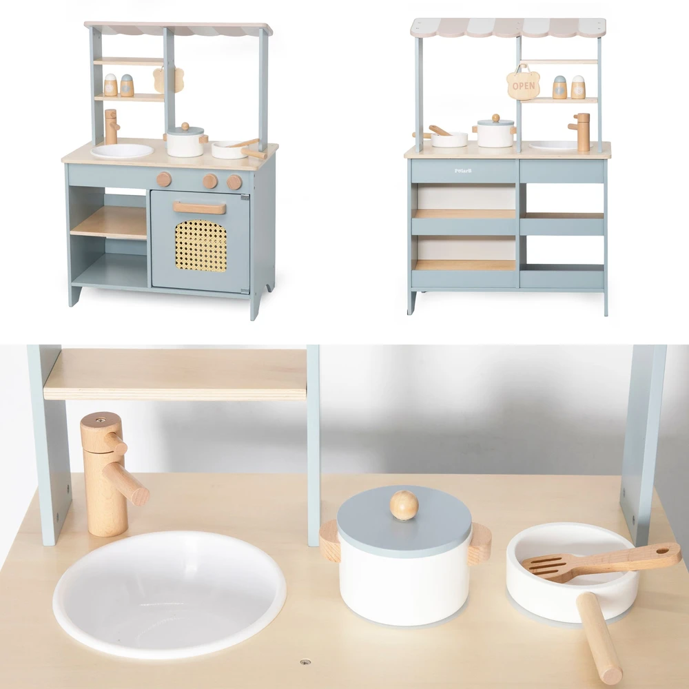 Viga Toys VIGA PolarB Wooden Kitchen 2-in-1 Shop Stand with Accessories for Children 3+
