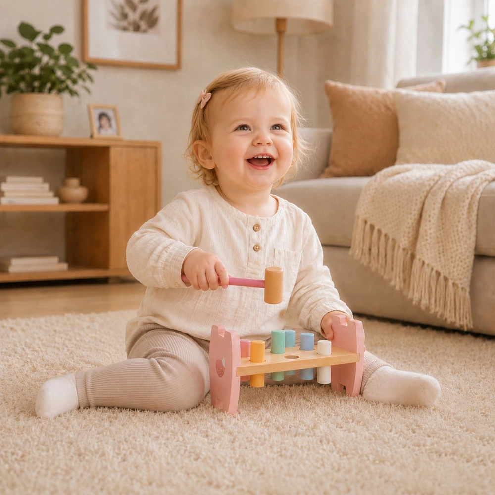 Viga Medinė Paspaudimo Žaislas Su Plaktuku Lapė Montessori