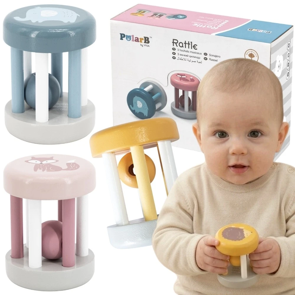 Viga Toys Viga Kūdikio medinis barškutis su gyvūnu drambliuku 1 vnt., melsvai žalsvas