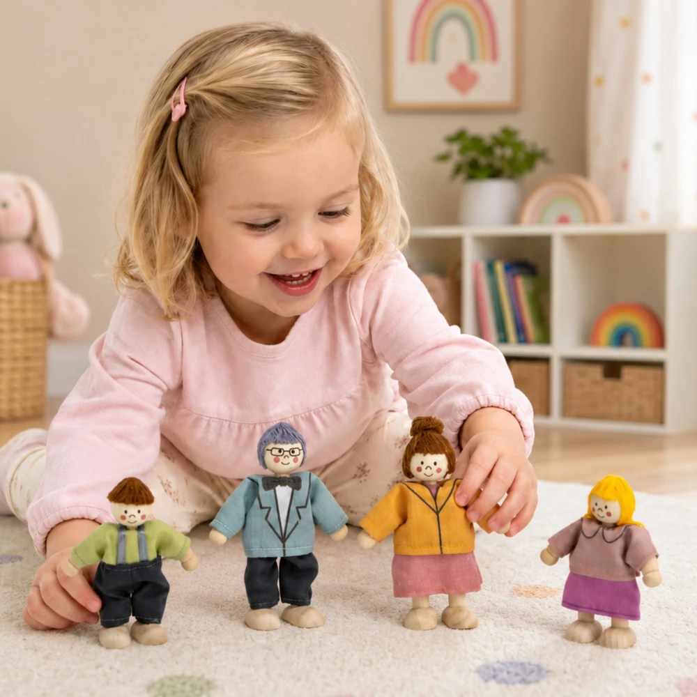 Viga Toys VIGA Medinės Lėlės 4 Asmenų Rinkinyje