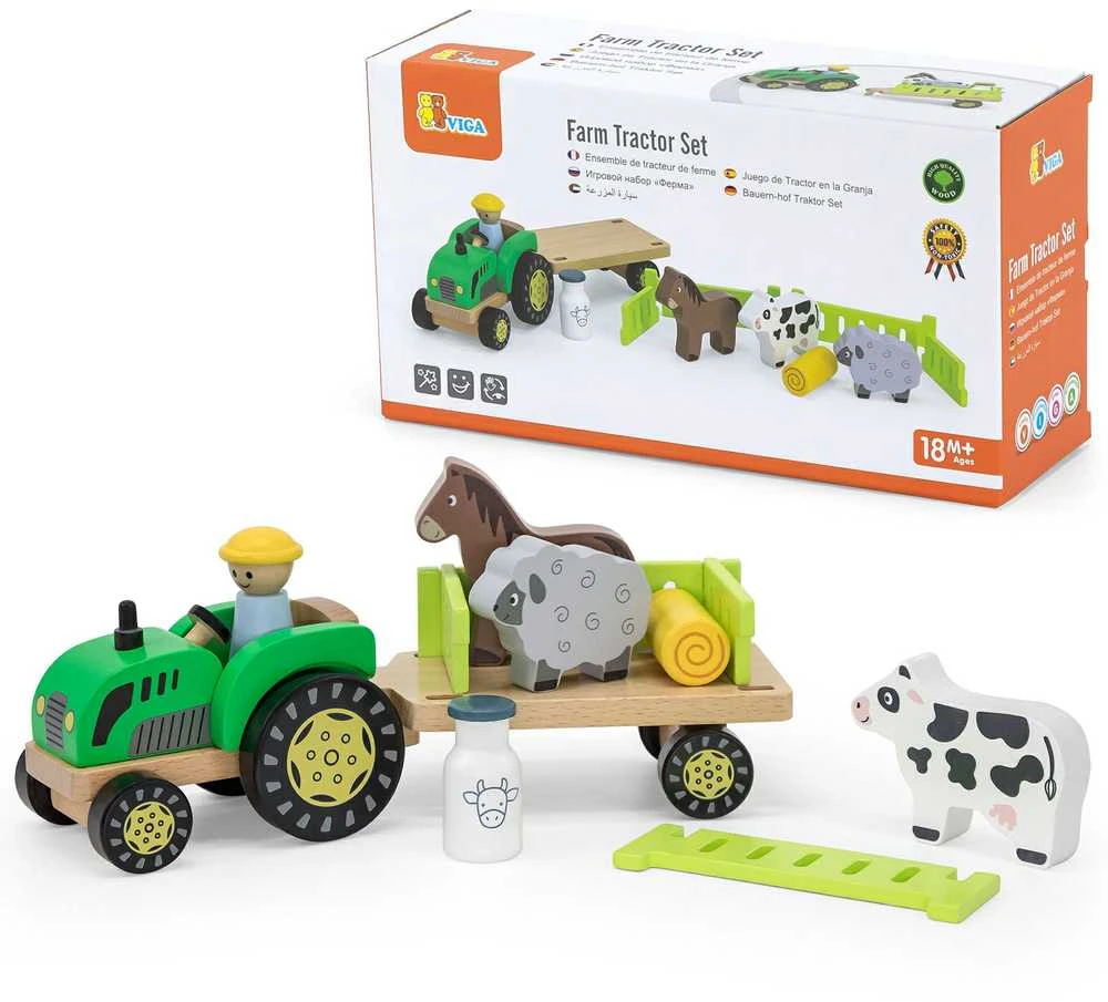 Viga Toys Viga 44680 Medinis traktorius su priekaba ir gyvūnais