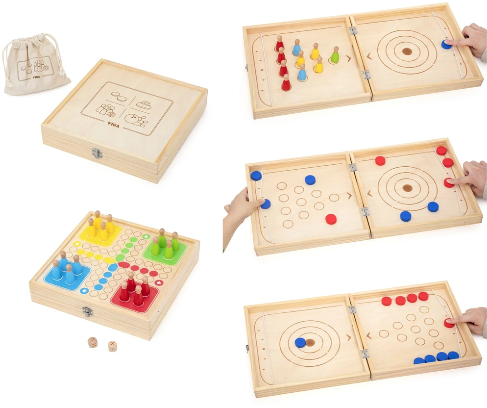 Viga Toys VIGA Wooden 4-in-1 Arcade Game Table Hockey Curling Bowling Ludo