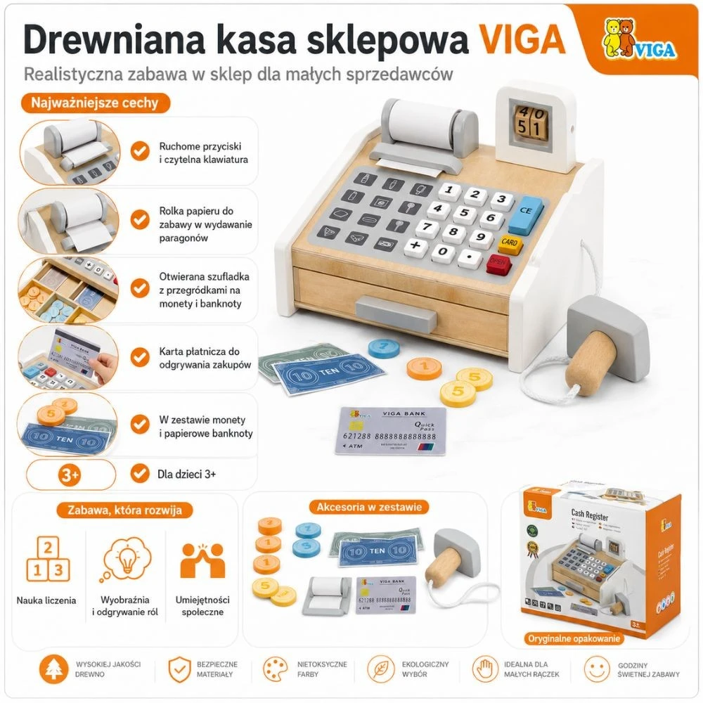 Viga Toys VIGA Medinė kasa parduotuvė pilkai balta