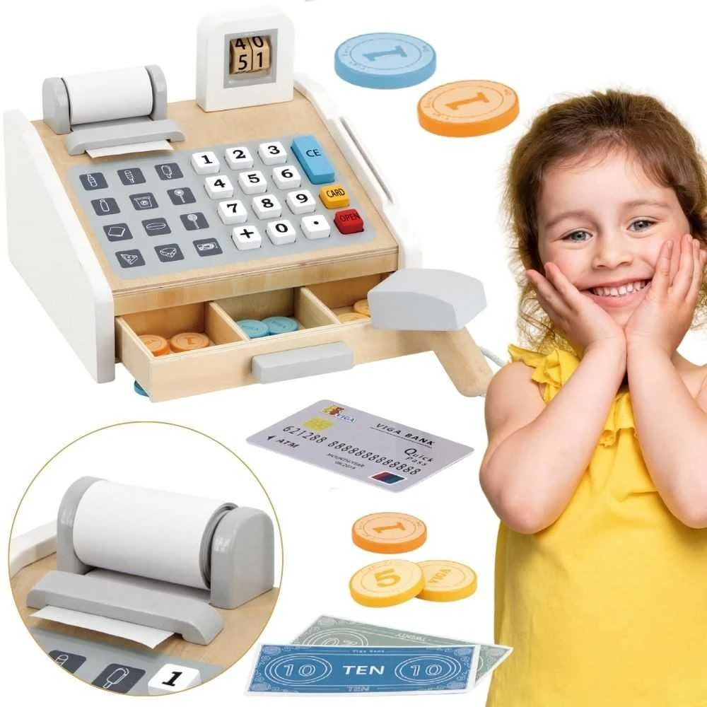 Viga Toys VIGA Medinė kasa parduotuvė pilkai balta
