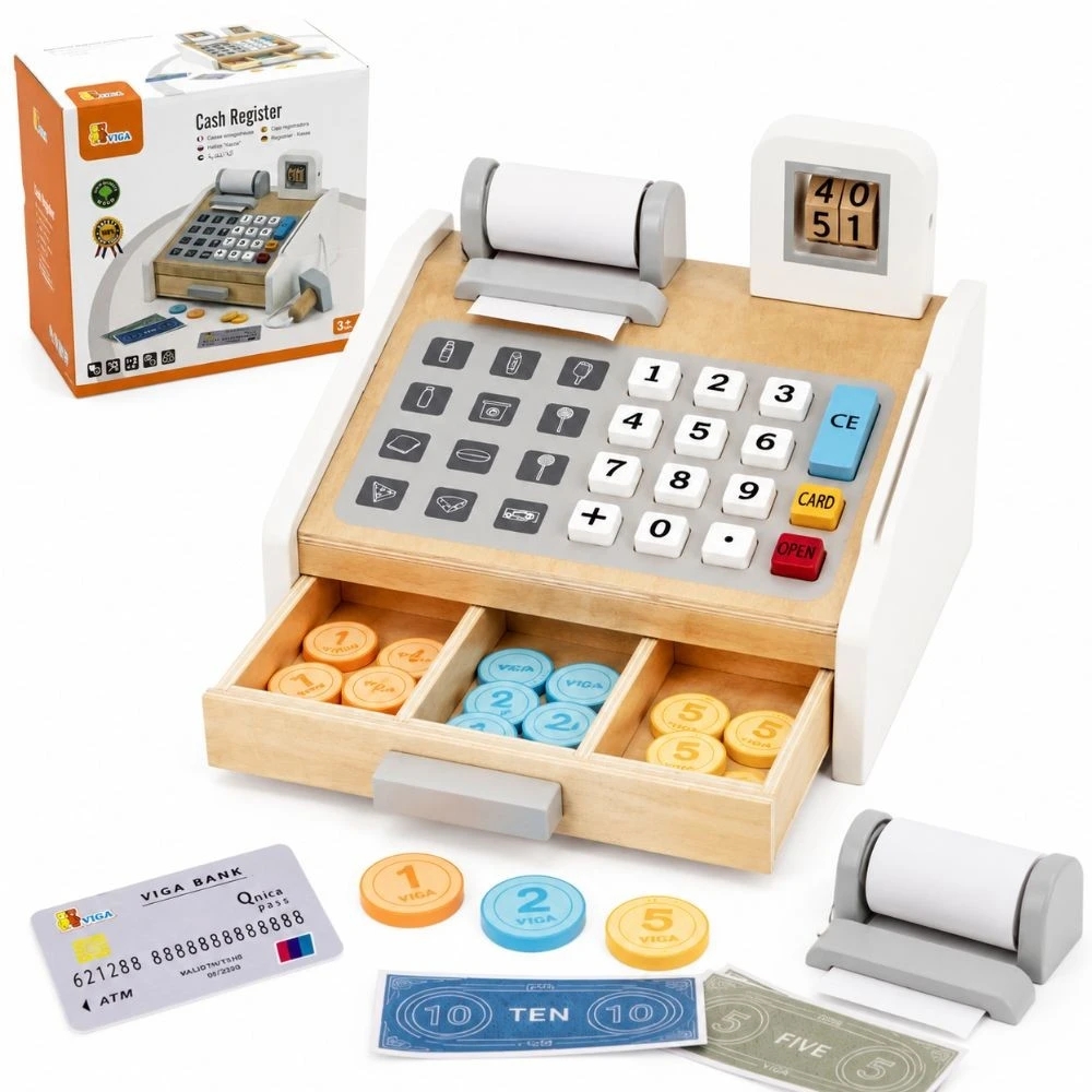 Viga Toys VIGA Medinė kasa parduotuvė pilkai balta