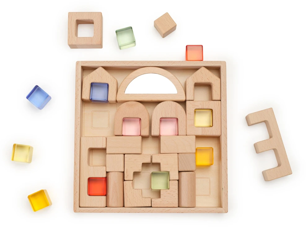 Viga Toys VIGA medinės konstruktoriaus kaladėlės su spalvotais langeliais 32 vnt.