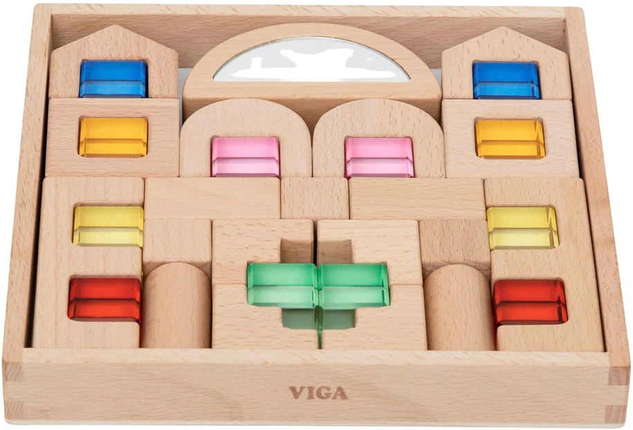Viga Toys VIGA medinės konstruktoriaus kaladėlės su spalvotais langeliais 32 vnt.