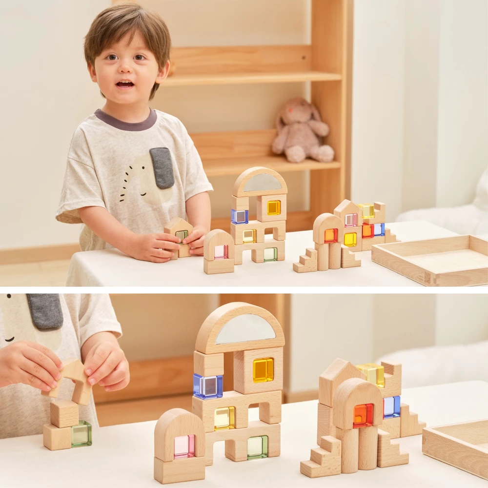 Viga Toys VIGA medinės konstruktoriaus kaladėlės su spalvotais langeliais 32 vnt.
