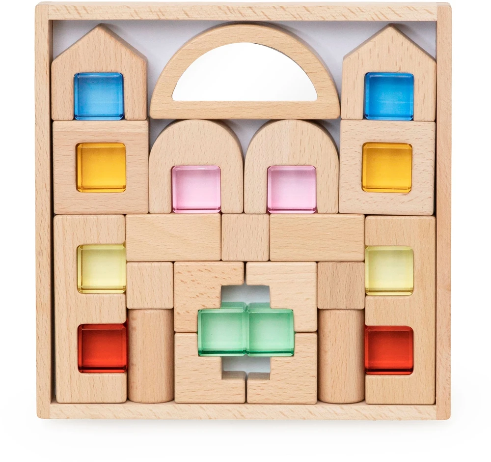 Viga Toys VIGA medinės konstruktoriaus kaladėlės su spalvotais langeliais 32 vnt.
