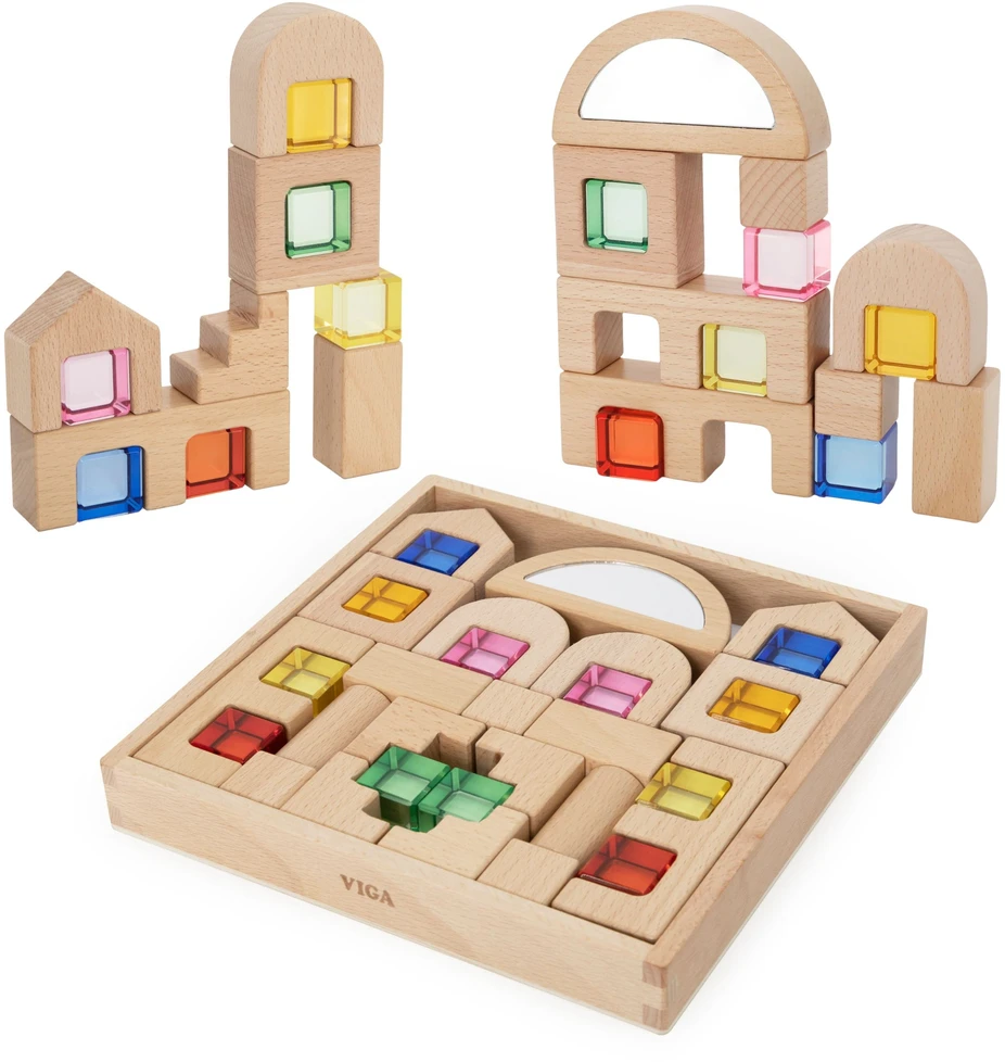 Viga Toys VIGA medinės konstruktoriaus kaladėlės su spalvotais langeliais 32 vnt.
