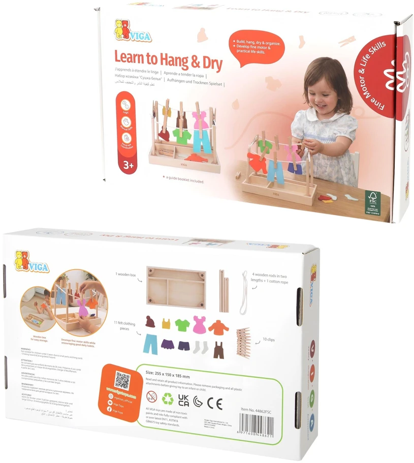 Viga Toys VIGA Wooden Laundry Set Clothes Dryer Clothes Pegs Montessori 27 pcs
