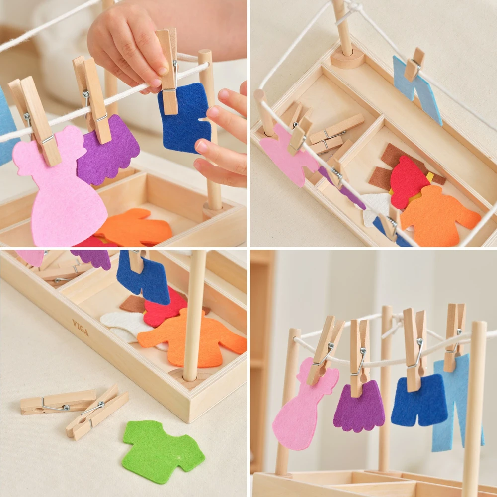 Viga Toys VIGA Wooden Laundry Set Clothes Dryer Clothes Pegs Montessori 27 pcs