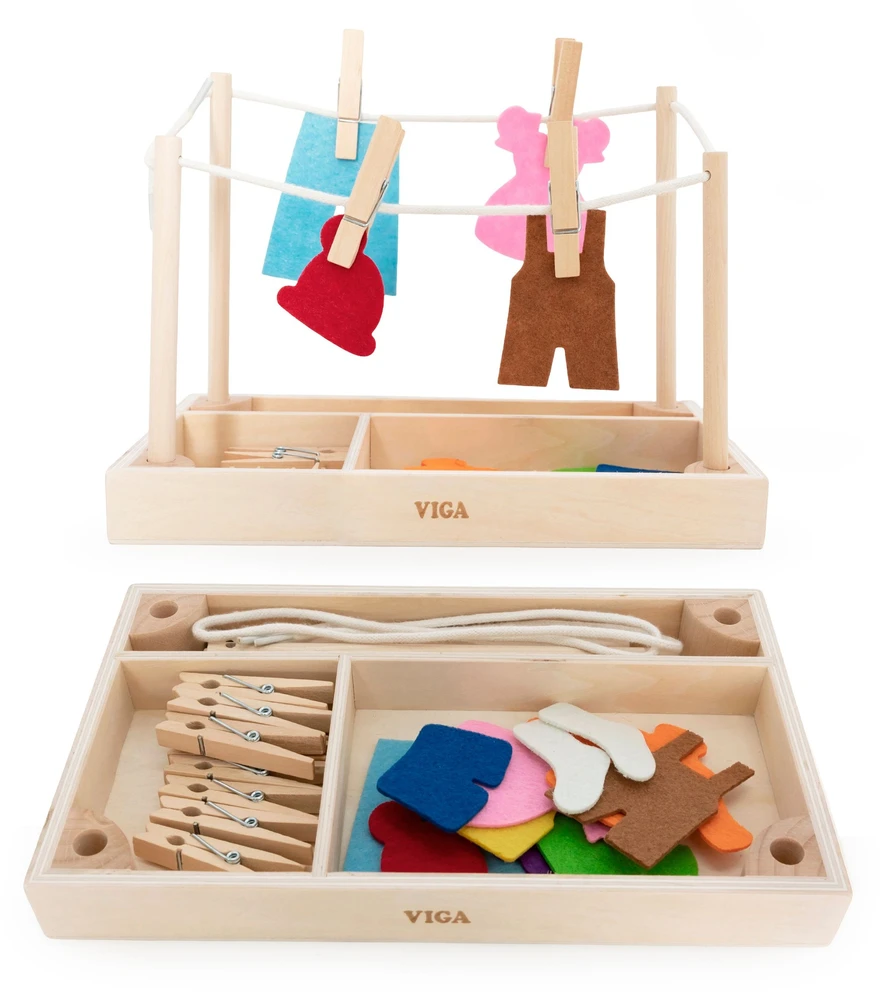 Viga Toys VIGA Wooden Laundry Set Clothes Dryer Clothes Pegs Montessori 27 pcs
