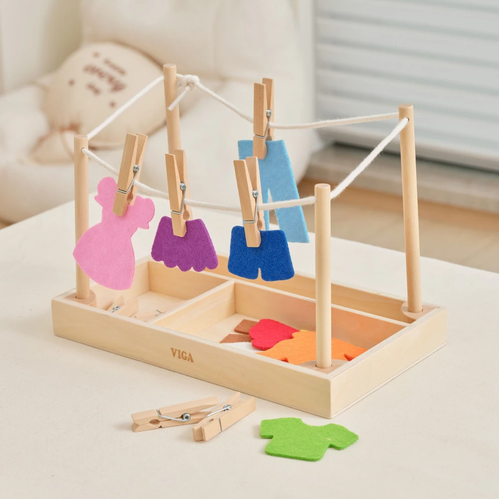 Viga Toys VIGA Wooden Laundry Set Clothes Dryer Clothes Pegs Montessori 27 pcs