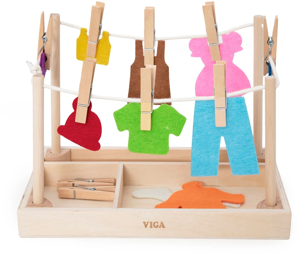 Viga Toys VIGA Wooden Laundry Set Clothes Dryer Clothes Pegs Montessori 27 pcs