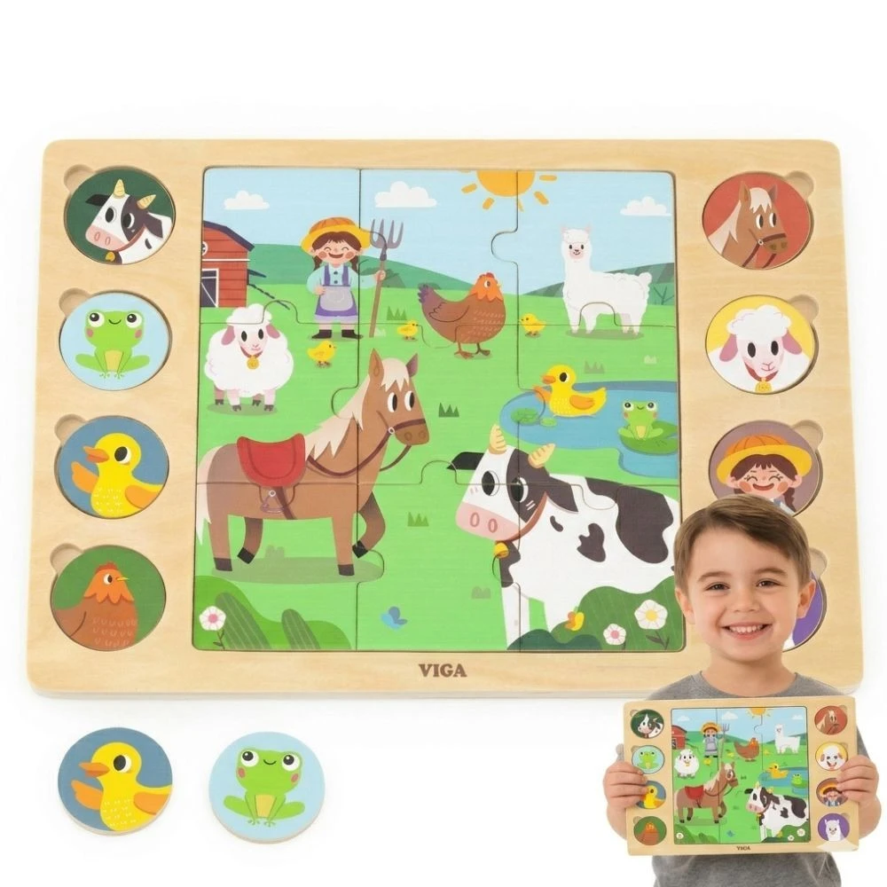 Viga Toys Mediniai dėlionės puzzle VIGA Atspėk iš šešėlio ferma 17 detalių