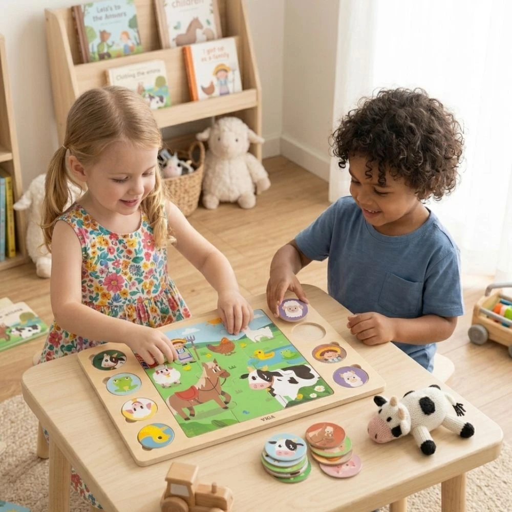 Viga Toys Mediniai dėlionės puzzle VIGA Atspėk iš šešėlio ferma 17 detalių
