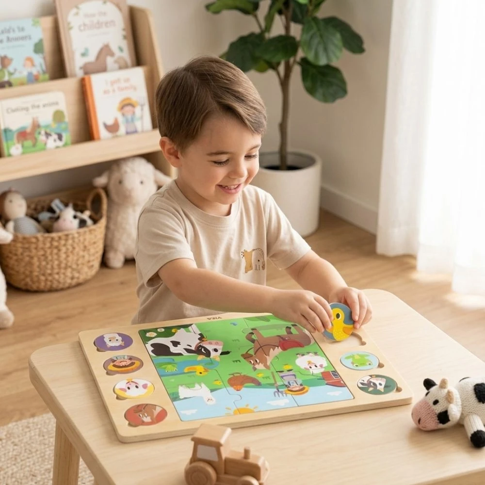 Viga Toys Mediniai dėlionės puzzle VIGA Atspėk iš šešėlio ferma 17 detalių