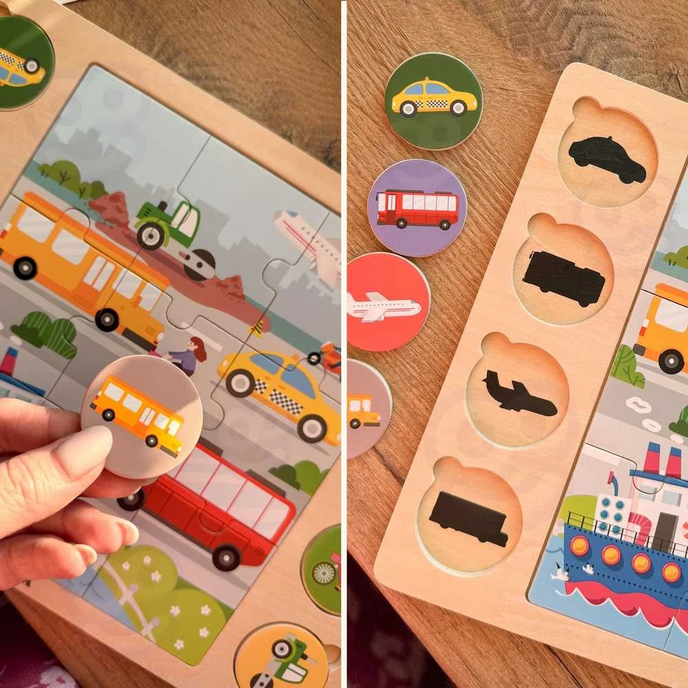 Viga Toys VIGA Medinė Dėlionė Spėk pagal Šešėlį - Transporto Priemonės 17 el.